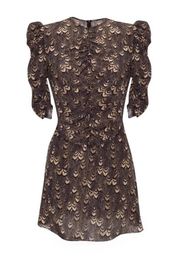 De La Vali Revolve Bambi Mini Dress in Brown/Gold Feather Print Size US 10