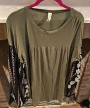 Flamingo Boutique Shirt Olive Green Decorated Flowy Sleeves Oversized Small