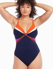 Robin Piccone One Piece Billie V-Neck Front Twist Swimsuit Navy Blue Size 14 NWT