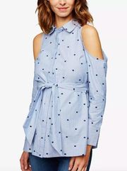 A Pea in the Pod Maternity Blue Polka-Dot Cold-Shoulder Shirt Size XS