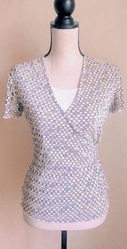 Stretch Top w/ Yellow, Beige, & White Circular Design Pattern, Cinched Waist, S