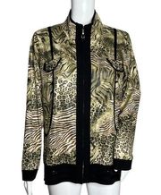 Exclusively Misook Zip Up Jacket Brown Black Multi Pattern Animal Print