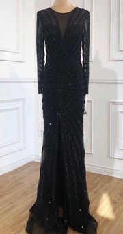 Long sleeve black mesh beaded maxi dress for special events. Prom, wedding, part