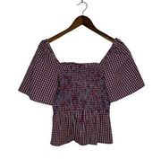 Draper James Size M Deana Smocked Top in Blue and Red Picnic Plaid