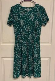 Emerald Green with White Floral and Dragon Fly Print Dress