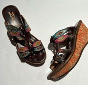 Spring Step Bonita Multicolor Leather Cork Wedge Heel Sandal Size 40-9US.  B61