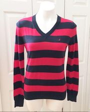 Nautica V Neck Sweater Red and Navy Stripes