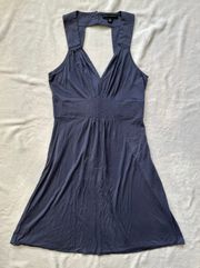 Silk Sleeveless Pleated V-neck Back Cut Out Dress in Blue Size 6