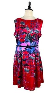 Julian Taylor Fit & Flare Dress Belted Sleeveless Red Blue Floral Plus Size 22