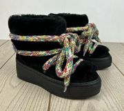 P448 Bea Faux Fur & Suede Wrap Platform Boots Women's 38 Black & Rainbow $365