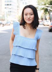 | NWOT PLEATED LAYERED RUFFLES BLUE AND WHITE TANK TOP BLOUSE LARGE