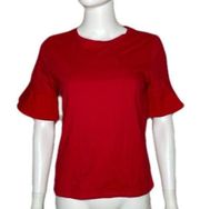 1901 Women's Red Bloom Short Flutter Sleeve Jewel Neck Cotton Blend Blouse sz XS