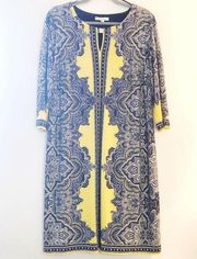 Sandra Darren Dress Blue Yellow Damask Reflective Pattern 3/4 Sleeve Sz 14 EUC