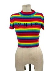 UNIF Lenny Crop Top in Rainbow Stripe Short Sleeve Turtleneck Size Small