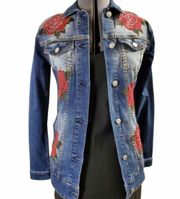 Womens  Jaxon Red Rose Embroidered Rodeo Denim Jean Jacket - Sz XXS