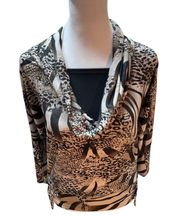 Tan Brown & Black Animal Print 3/4 Sleeve Ruched Sides Blouse