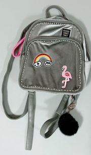 Gray Grey Silver Velvet Rainbow Flamingo ‘Good Vibes Only’ Patches Punk Studded Mini Backpack Purse Bag Pocketbook ⛓🔪