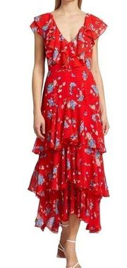 Wayf Womens Chelsea Floral Print Tiered Ruffle V-Neck Maxi Dress Size XS Red