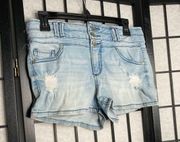 Blue Spice Distressed High Waist Button Denim Jean Shorts Blue Medium 5/6