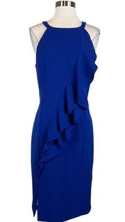 Women's Cocktail Dress Size 14 Blue Sleeveless Ruffled Sheath