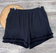 Cynthia Rowley black gauze cotton fringe trim high rise shorts