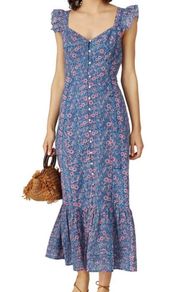 Sophia Flutter Sleeve Button Front Maxi Dress Blue Pink Floral Print L