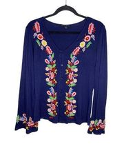 Boston Proper Cardigan Size XS Women's Floral Embroidered Boho Long Sleeve Blue