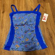 Lands End Womens Blue Floral Gingham Strapless Tankini Swim Top Size 2 NEW