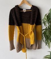 Candela NYC Cardigan Womens XS Brown Yellow Wool Knit Striped Open Front Pom Pom