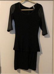 black faux leather mini dress 3/4 long sleeves zipper peplum piping small