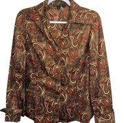 Lafayette 148 Paisley Top Brown Size 6 Button Up Long Sleeve Collared Blouse