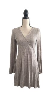 Light Brown Bell Sleeve Fit & Flare Faux Wrap Dress  size 6 Small Mini