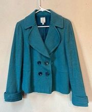 Halogen Women’s Blue Turquoise Button Wool Pea Coat Blazer Jacker XL