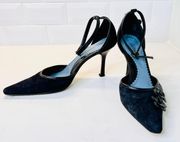 Isabella  Black Suede Bambi Floral Pump Heel Shoe Sz 8.5B