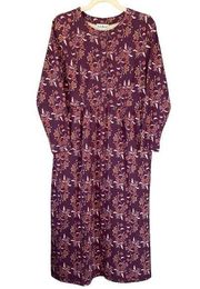 90s Vintage L.L. Bean Burgundy Cream Floral Long Sleeve Maxi Dress Size Medium 1