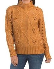 Cupcakes and Cashmere  Mustard Yellow Mock Neck Cable Knit Sweater Pom Pom NWT