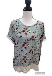 REWIND Junior's Women's Teal Floral Shirt Top Size XL, Crochet Lace Hem