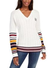 Tommy Hilfiger Sweater Ivory V-Neck Varsity Cable Knit Pullover Size L MSRP $79