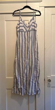 | Blue & White Striped Maxi Dress 100% Linen Size 12