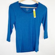 Saks Fifth Avenue Blue 3/4 Sleeve Scoop Neck Shirt Women's Size Small S