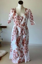 NWOT Cotton Floral Button Front Midi Dress Puff Ruched Sleeve Cottagecore