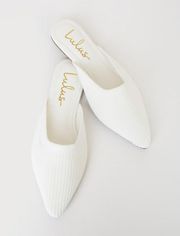 Jeaney White Ribbed Knit Pointed-Toe Mule Slides