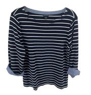 Nautica Women's Boat Neck Blouse Striped Top 3/4 Sleeve Cotton Navy Blue Large