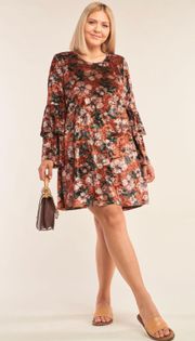 Plus Floral Rust Velvet Long Sleeve Dress Size 2X