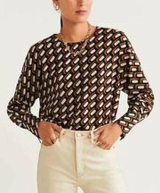 Mango Size 4 Romi Geometric Print Blouse Long Sleeve Black Brown Shirt Top MNG