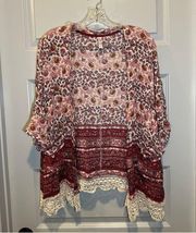 Xhilaration Pink Boho Floral Open Front 3/4 Sleeve Kimono size M/L