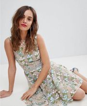 Bronx & Banco Dress Isola Mini Floral Embroidered Beaded Tulle Lace Multi S EUC