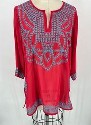 Gretchen Scott Sheer Tunic Top Sz S Coral Pink Blue Embroidered Vacation Resort