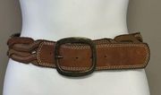 Fossil Brown Leather Braided Elastic Stretch Belt with Contrast Stitches- Small