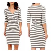 Nicole miller gray and white striped ruched long sleeve bodycon dress size P